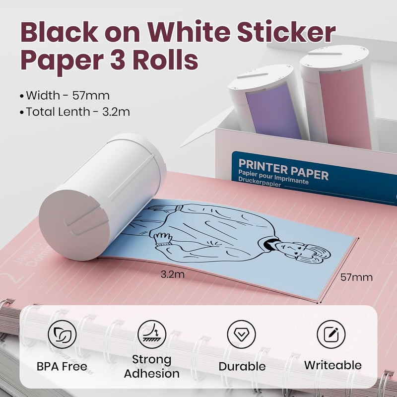 ETIKEZ Genuine Self-Adhesive Thermal Printer Stickers, Compatible with PM290C Mini Sticker Printer, Black on White, 54mmx3.2m Sticker Paper for Journal, Study, Photos, 3 Rolls, Blue/Pink/Purple - Image 2